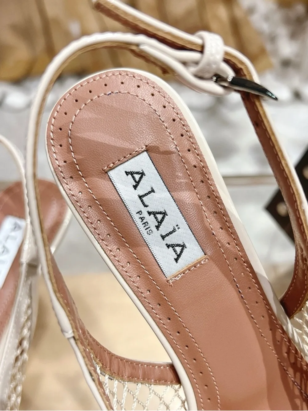 Alala Cream Patent Mesh Pointed Slingback Heels